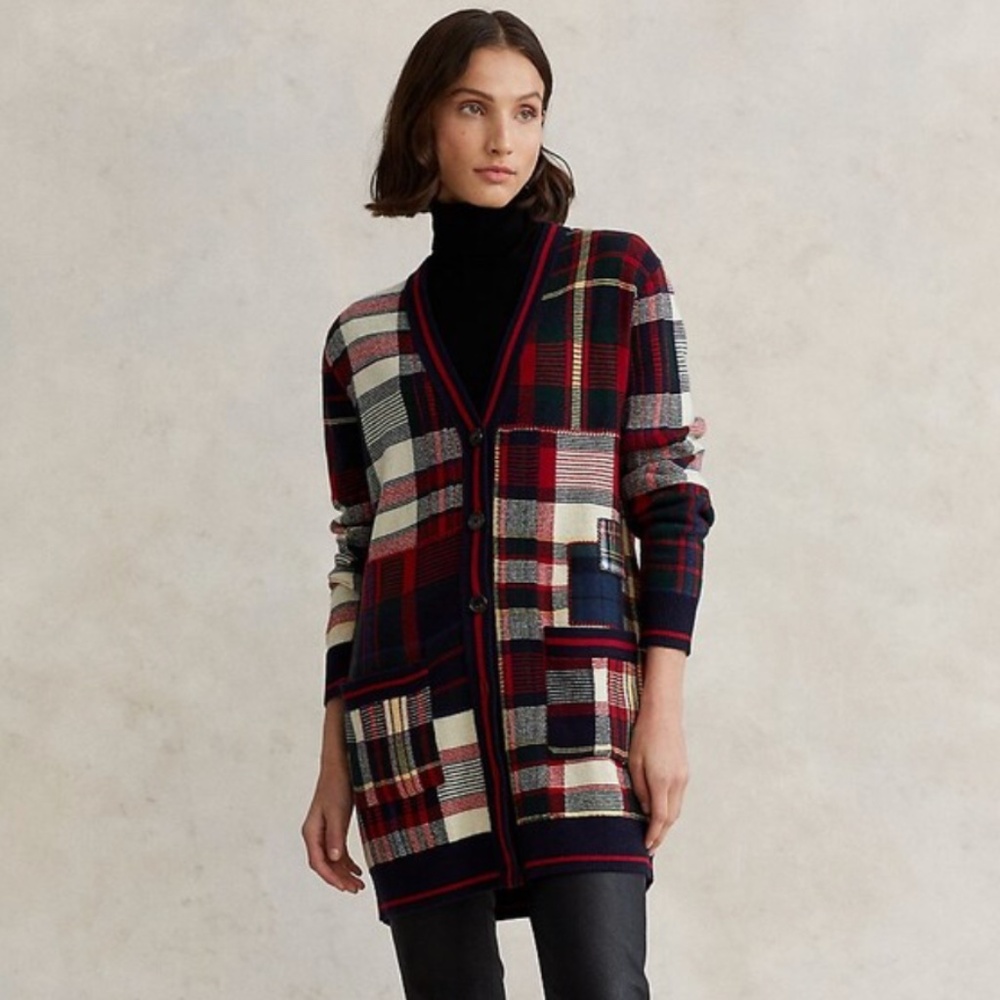 RALPH LAUREN Plaid Patchwork Wool Cardigan (L)